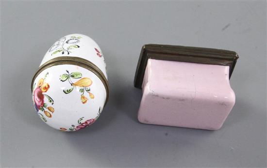 A late 18th century English enamel egg shaped nutmeg box and a small patch box, 2in. and 1.5in.